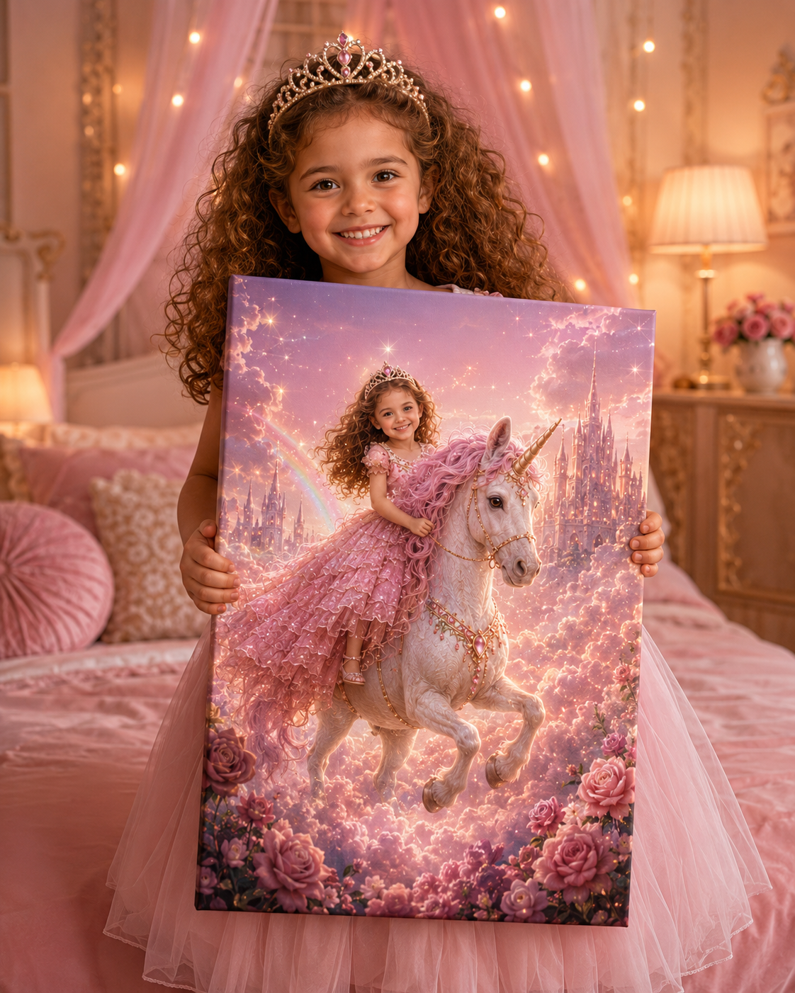 Princesse enchantée — un enfant tient son portrait sur toile