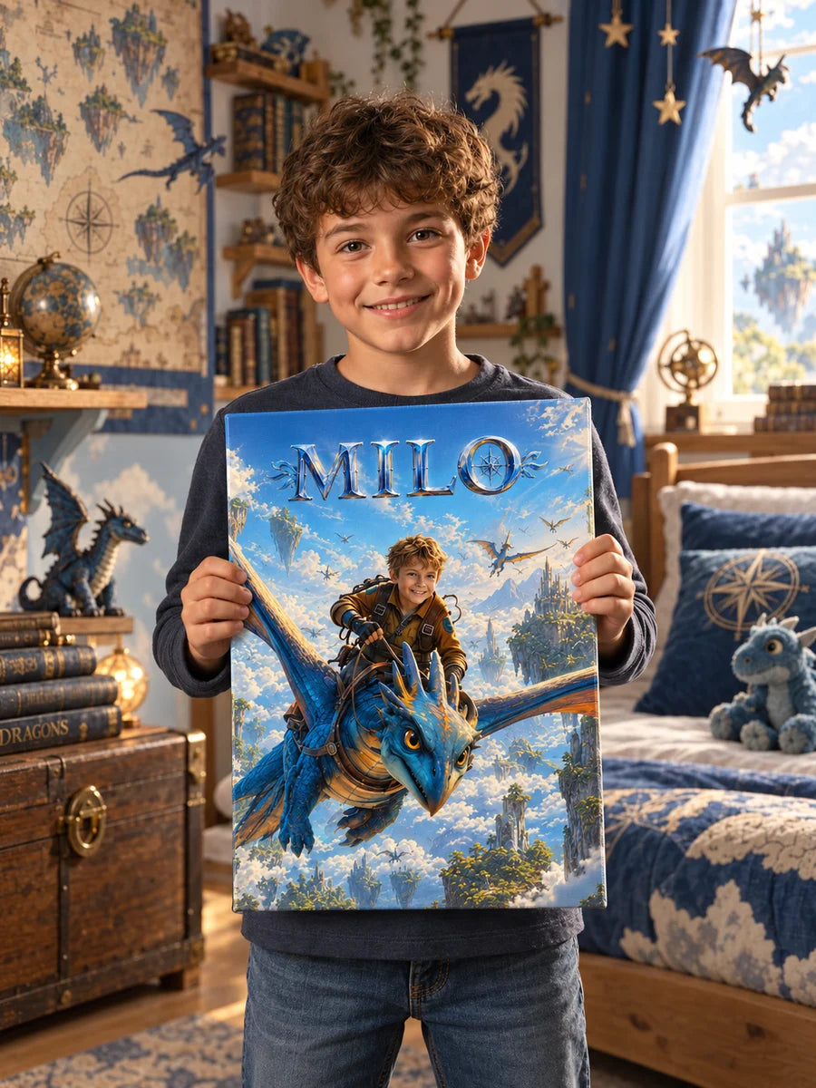 Aventure céleste — un enfant tient son portrait sur toile