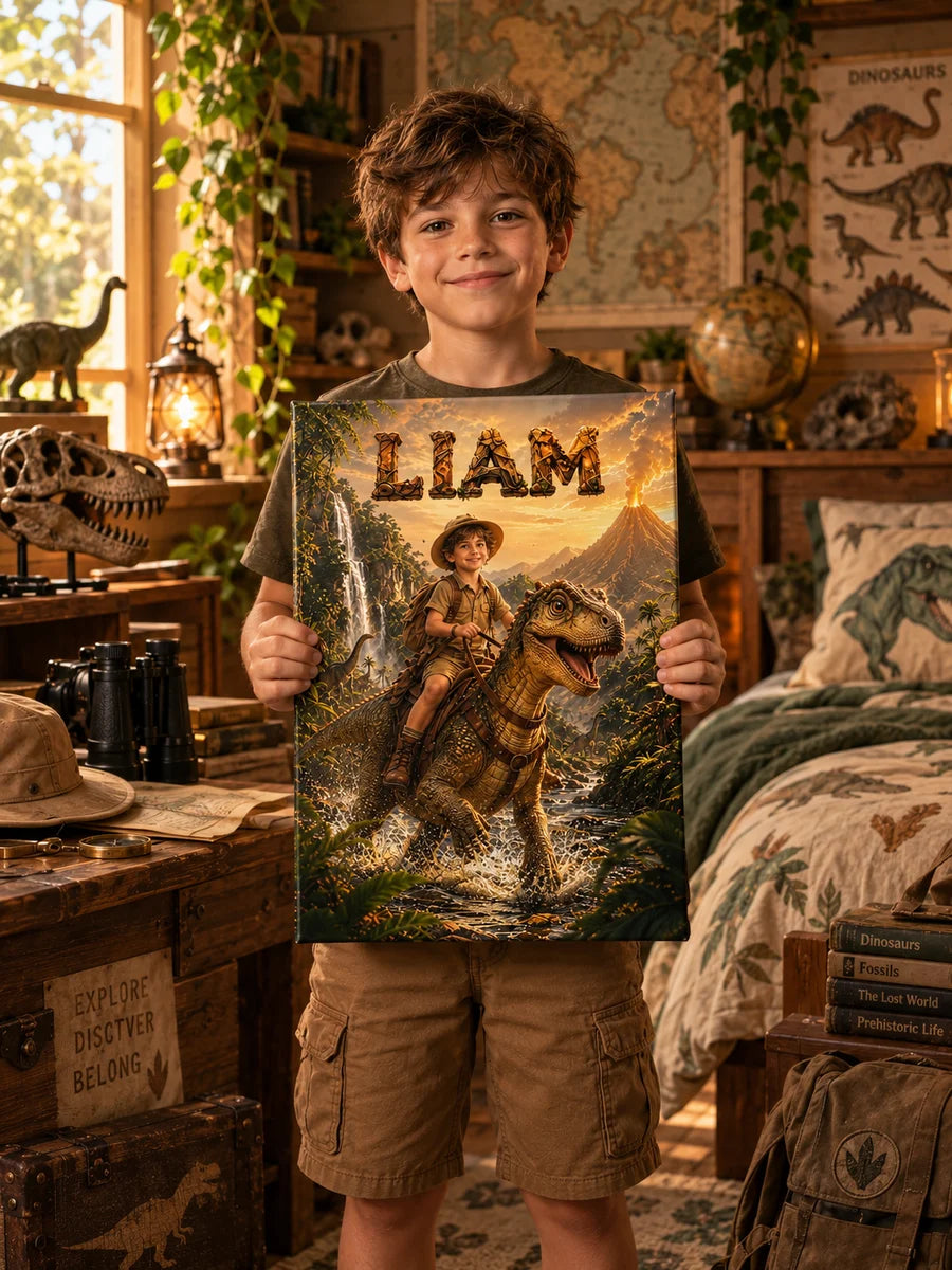 Aventure jurassique — un enfant tient son portrait sur toile