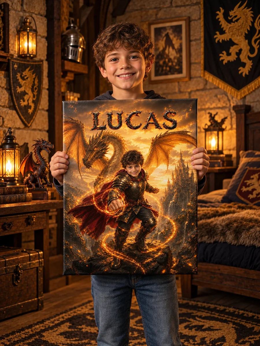 Chevalier — un enfant tient son portrait sur toile