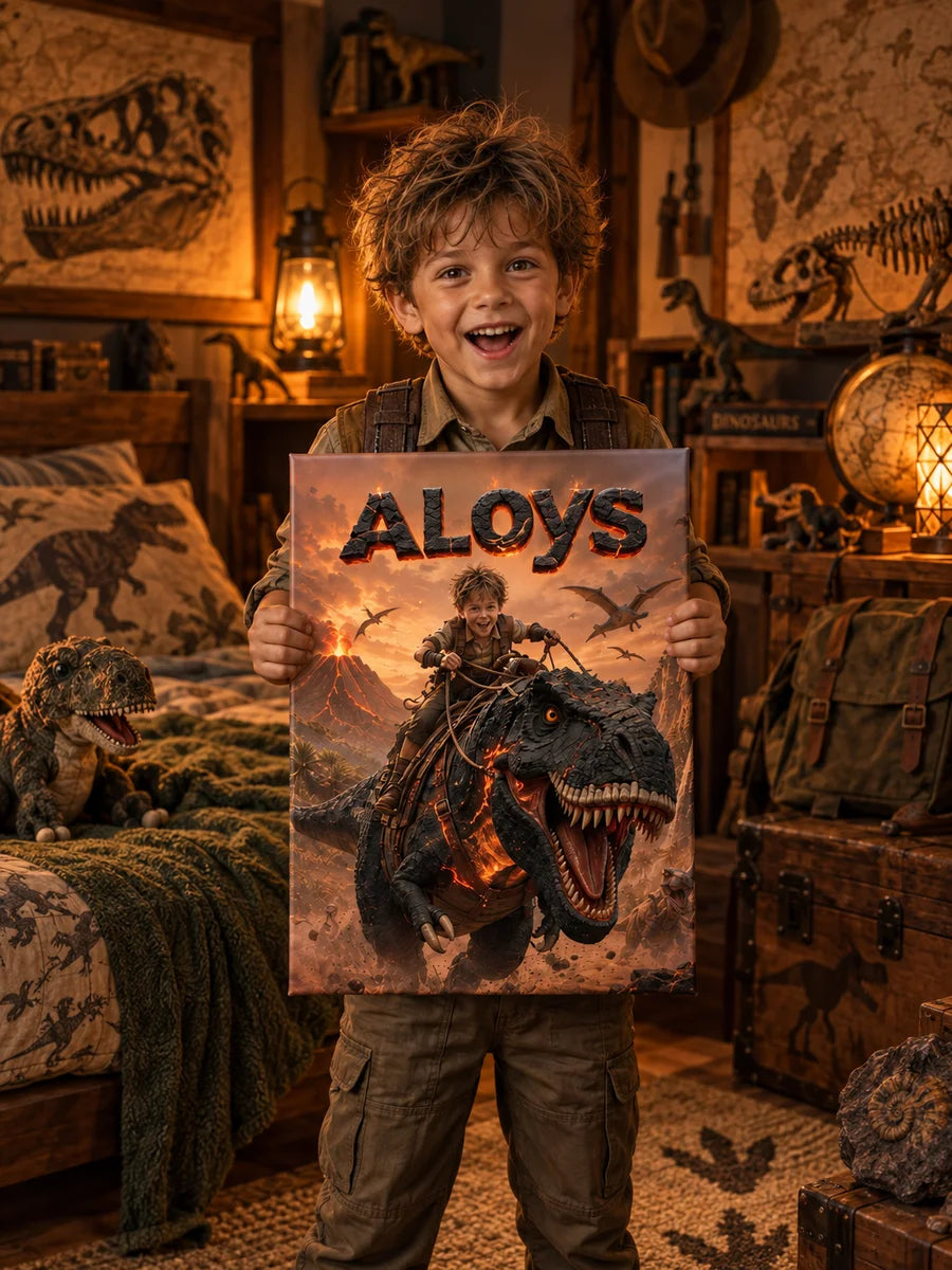 Dino Feu — un enfant tient son portrait sur toile