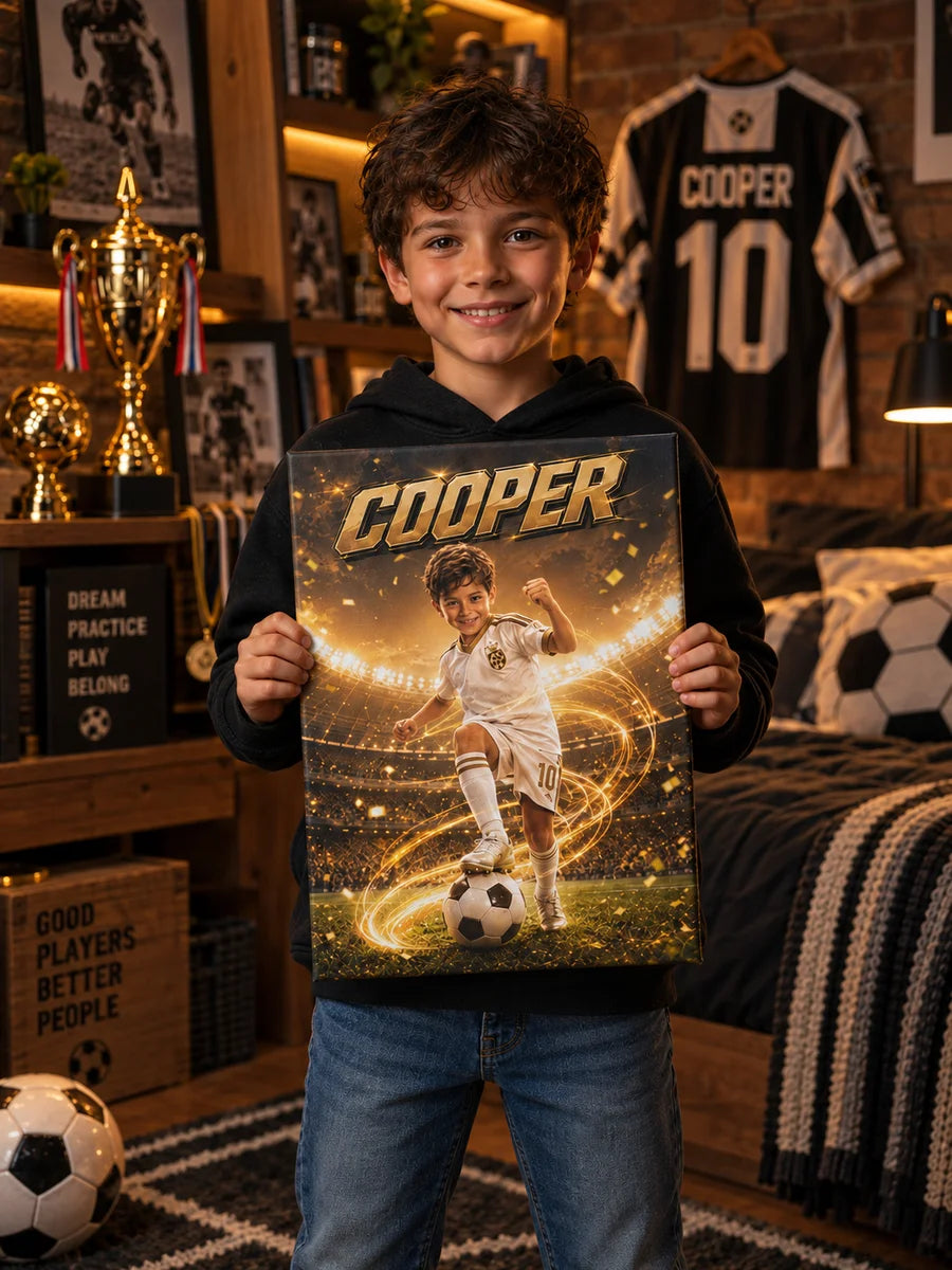 Champion de football — un enfant tient son portrait sur toile