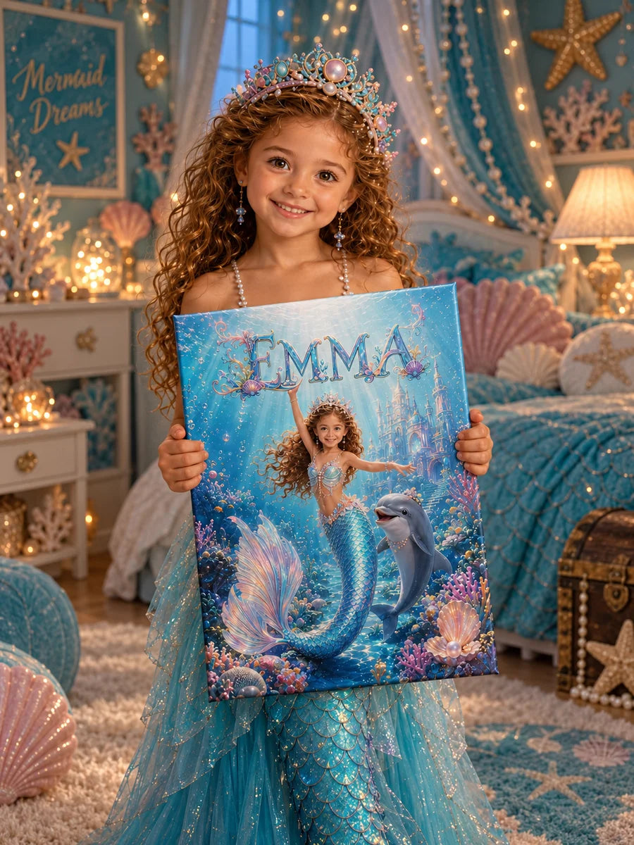 Océan magique — un enfant tient son portrait sur toile