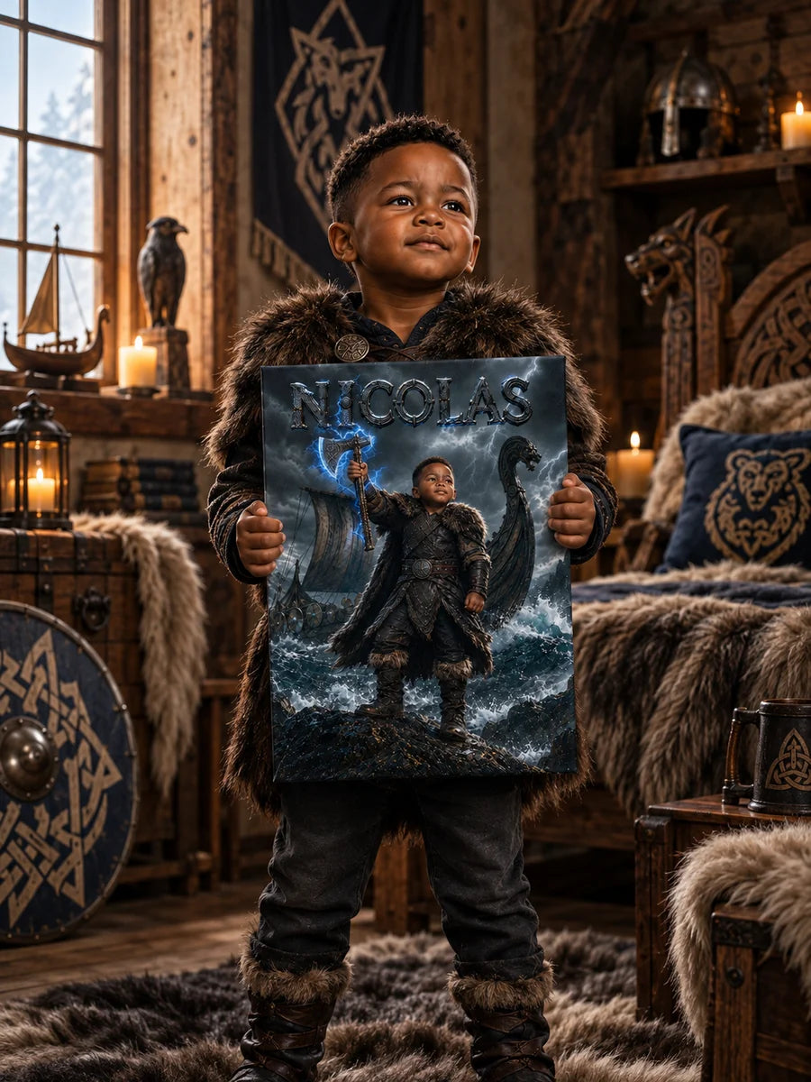 Viking — un enfant tient son portrait sur toile
